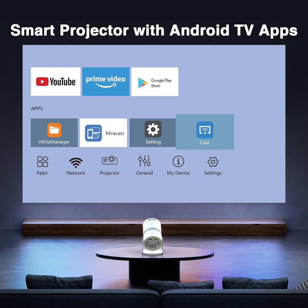 [Built-in -Apps] PANSEBA 270°Adjustable Smart Mini Projector with WiFi 6 and Bluetooth, Auto Keystone Outdoor Movie Projector, Big Screen Home Portable Projector for Phone/TV Stick/Laptop/HDMI