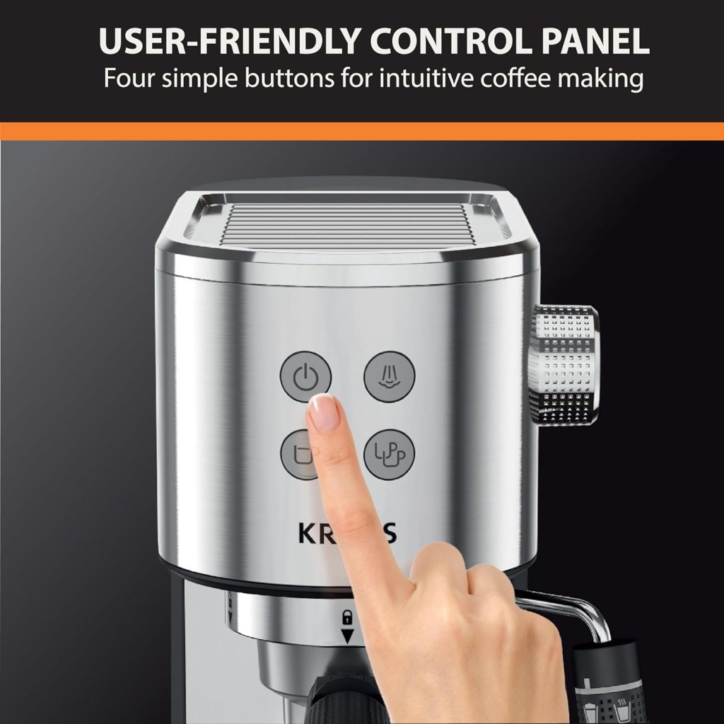 KRUPS Stainless Steel Espresso Machine: 15-Bar Pump Pressure, Milk Frother for Cappuccino and Latte, Fast Pre-Heat, 2-Cup Capacity, Cup Warmer, Easy Cleaning, 1350W, Silver