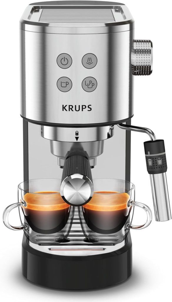 KRUPS Stainless Steel Espresso Machine: 15-Bar Pump Pressure, Milk Frother for Cappuccino and Latte, Fast Pre-Heat, 2-Cup Capacity, Cup Warmer, Easy Cleaning, 1350W, Silver