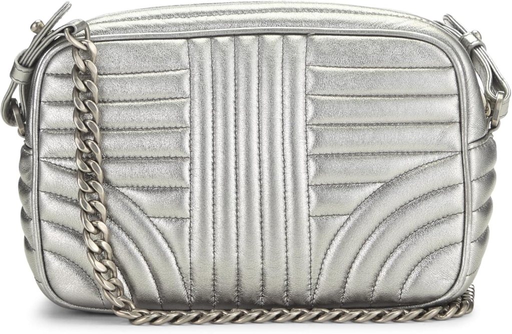 Prada, Pre-Loved Silver Calfskin Diagramme Camera Bag Medium, Silver : Luxury Stores