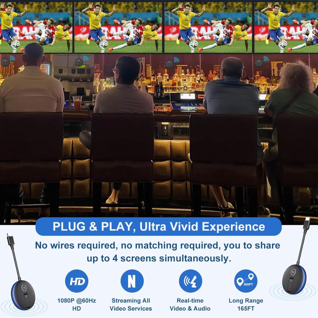 Wireless HDMI Transmitter and Receiver- Plug and Play Wirelessly Extender Kit, 5.8G/2.4G Multi-TV Expansion (UP to 4RX), 50M/165FT @60Hz- Streaming Video from Laptop/PC to HDTV/Monitor/Projector