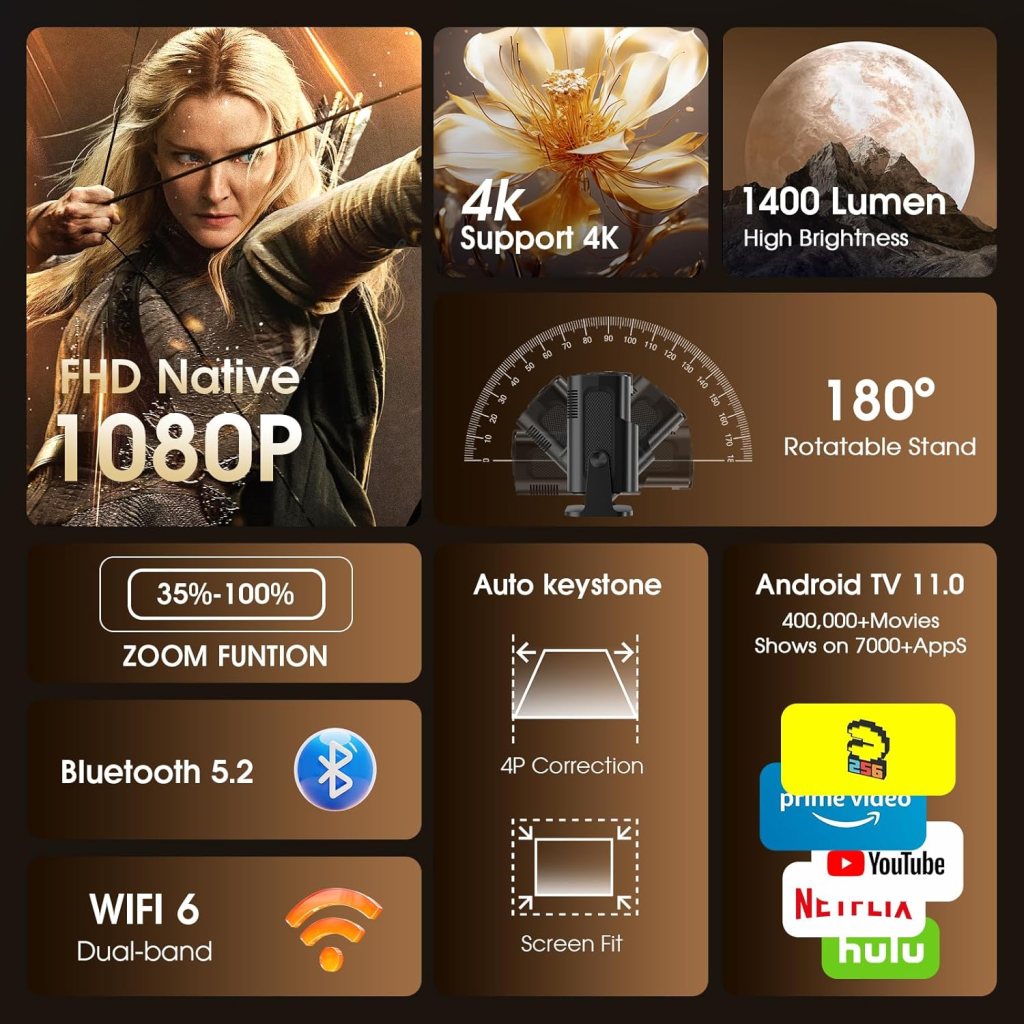 [Built-in App] Mini Projector 1920*1080P 4K Support Projector with Mouse Portable Projector with WiFi and Bluetooth 180° Adjustable Auto Keystone HDMI/TV Stick/USB/PS5/Laptop, with HDMI Cable  Mouse