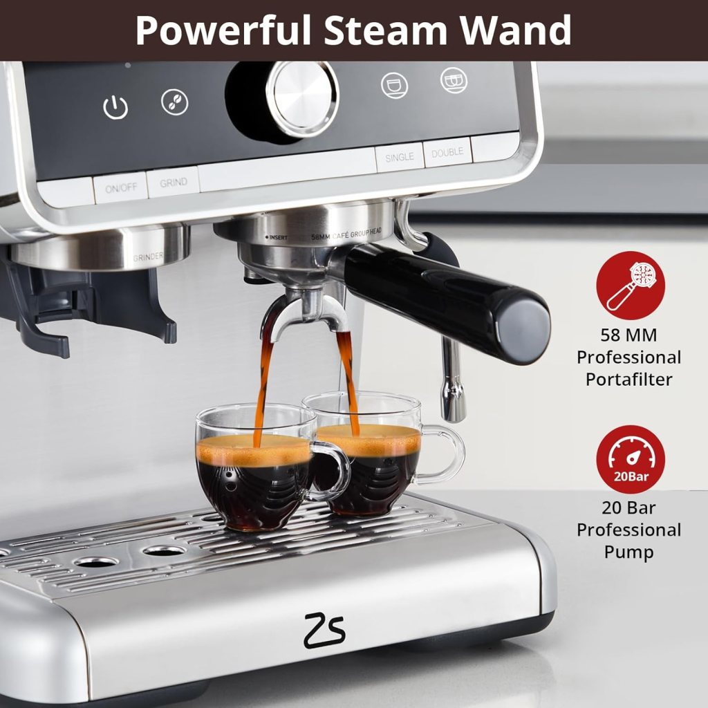 Espresso Coffee Maker with Built-in Bean Grinder  Steam Wand, 20 Bar All in One Semi Automatic Espresso Machine with Milk Frother, 95-Ounce Removable Water Tank for Cappuccino, Latte, Sliver