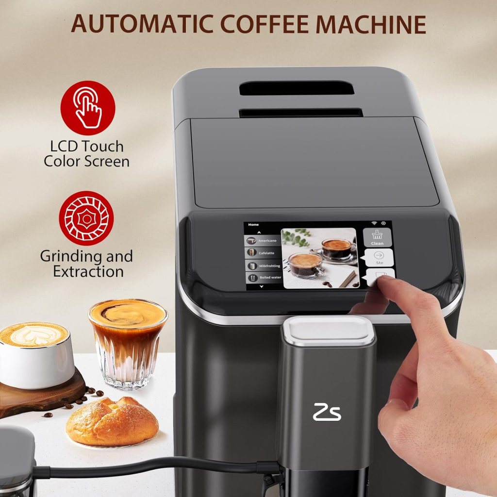 Fully Automatic Espresso Machine with Automatic Milk Frother, Built-In  Adjustable Espresso Bean Grinder, One-Touch Single/Double Shot for Espresso, 7 Coffee Varieties, 1.5 Liter, Black