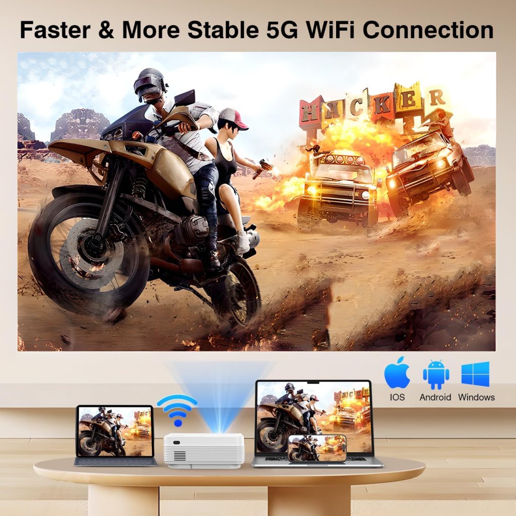 Projector with WiFi and Bluetooth [Electric Focus  Keystone] 4K Supported, Native 1080P 16000 Lux 5G Mini Portable Outdoor Movie Projector Compatible with TV Stick, Smartphone, Laptop, HDMI, USB