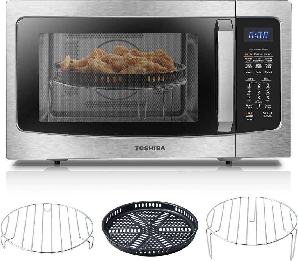 Toshiba Air Fryer Combo 4-in-1 Countertop Microwave Oven, Smart Sensor, Convection, Mute Function, Position Memory 13.6 Turntable, 1.5 Cu Ft, 1000W, Black, ML-EC42P(BS)