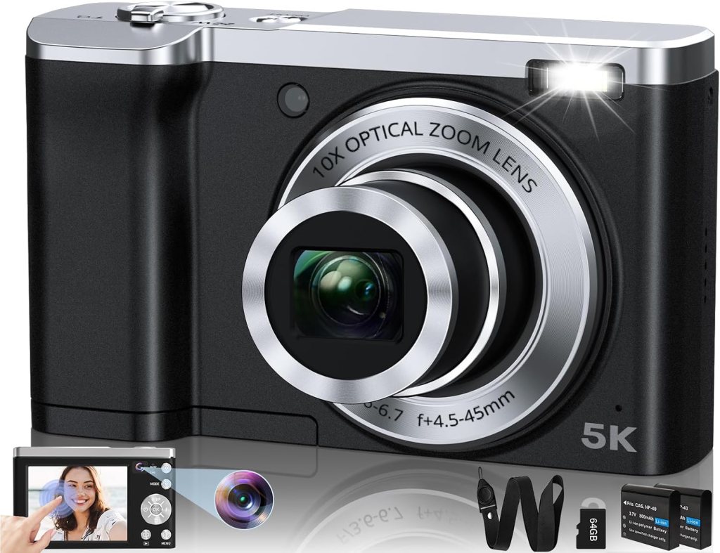 5K Digital Camera 56MP Cameras for Photography Autofocus,10X Optical Zoom Vlogging Compact Camera with Front and Rear Camera,6-Axis Anti-Shake,Touch Screen with 64GB SD Card,2 Batteries 5K Digital Camera 56MP Cameras for Photography Autofocus,10X Optical Zoom Vlogging Compact Camera with Front and Rear Camera,6-Axis Anti-Shake,Touch Screen with 64GB SD Card,2 Batteries