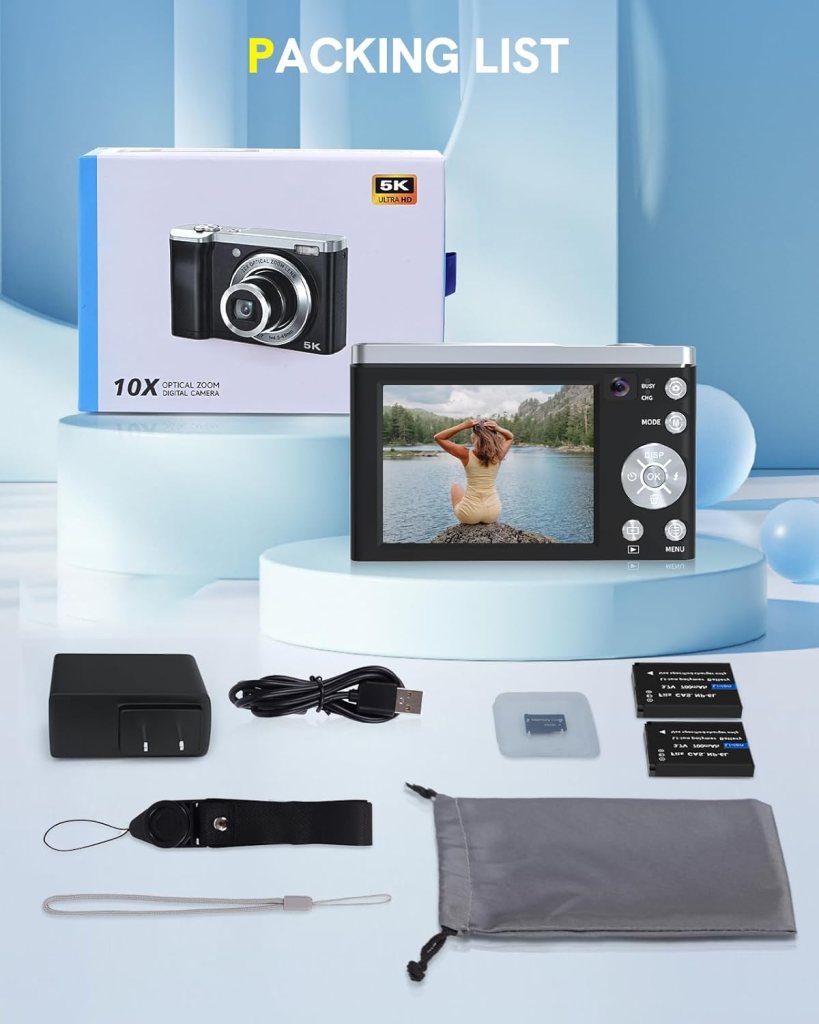 5K Digital Camera 56MP Cameras for Photography Autofocus,10X Optical Zoom Vlogging Compact Camera with Front and Rear Camera,6-Axis Anti-Shake,Touch Screen with 64GB SD Card,2 Batteries 5K Digital Camera 56MP Cameras for Photography Autofocus,10X Optical Zoom Vlogging Compact Camera with Front and Rear Camera,6-Axis Anti-Shake,Touch Screen with 64GB SD Card,2 Batteries