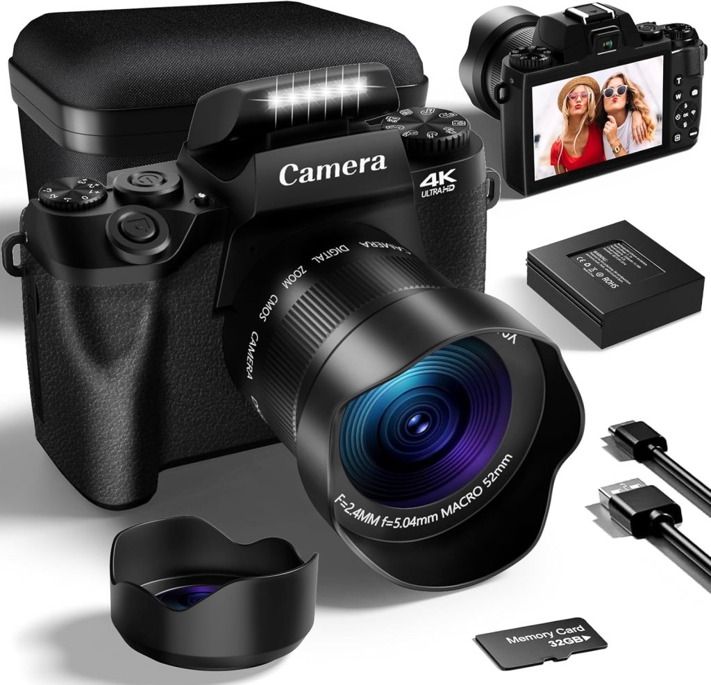 VJIANGER 2024 Upgrade 4K Digital Camera for Photography with 32GB SD Card, 64MP Vlogging Cmaera for YouTube with Front and Rear Camera, Case, WiFi, 3000mAh Battery, 4.0 Touch Screen(Black)