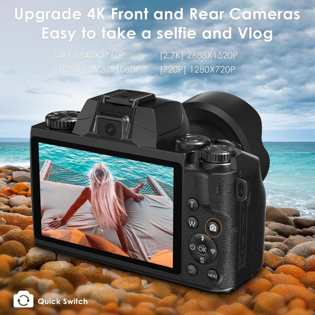 VJIANGER 2024 Upgrade 4K Digital Camera for Photography with 32GB SD Card, 64MP Vlogging Cmaera for YouTube with Front and Rear Camera, Case, WiFi, 3000mAh Battery, 4.0 Touch Screen(Black)