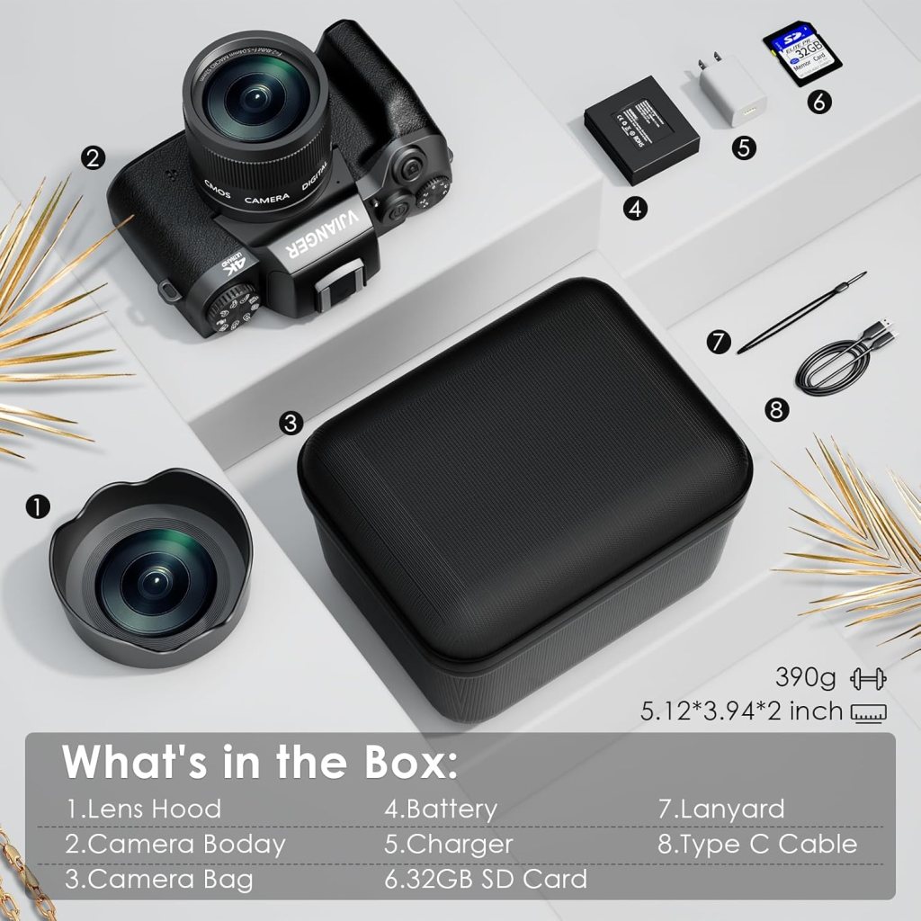 VJIANGER 2024 Upgrade 4K Digital Camera for Photography with 32GB SD Card, 64MP Vlogging Cmaera for YouTube with Front and Rear Camera, Case, WiFi, 3000mAh Battery, 4.0 Touch Screen(Black)