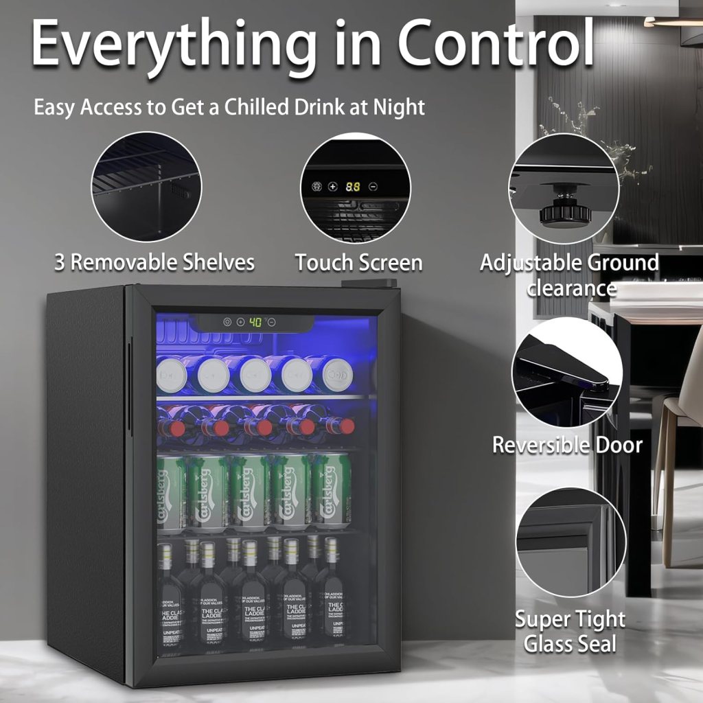 3.0 Cu.ft Beverage Refrigerator Cooler, 105 Can Mini Fridge with Glass Reversible Door, Digital Temperature Display for Soda, Beer or Wine For Office Bar with Adjustable Removable Shelves