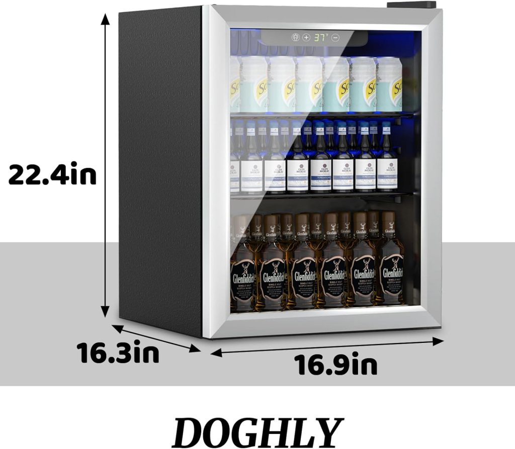 3.0 Cu.ft Beverage Refrigerator Cooler, 105 Can Mini Fridge with Glass Reversible Door, Digital Temperature Display for Soda, Beer or Wine For Office Bar with Adjustable Removable Shelves