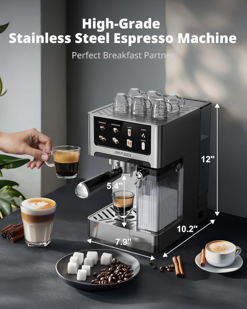 AIRMSEN 20 Bar Espresso Machine with Automatic Milk Frother for Home, Cappuccino  Latte Coffee Maker with Quick Brew Dual Boiler (1350W + 1000W), Stainless Steel, 60oz Water Tank, Touchscreen