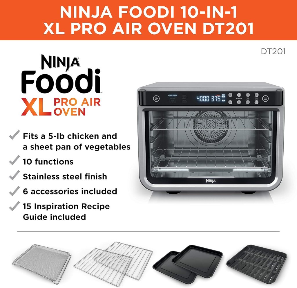 Ninja Air Fryer  Toaster Oven | Foodi Series, XL Pro Air Oven Kitchen Countertop Convection | 10-in-1 Functions | Fits a 5-lb Chicken  Sheet Pan of Vegetables | 1800 Watts | Stainless Steel | DT201