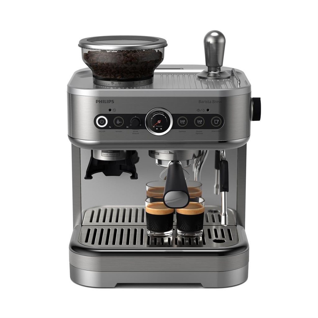 PHILIPS Barista Brew Semi Automatic Espresso Machine - Single  Double Espresso,Americano, 250g Bean Container+Grinder+Milk Jug with temperature indicator,Calibrated Tamping,Metal Silver (PSA3218/01)