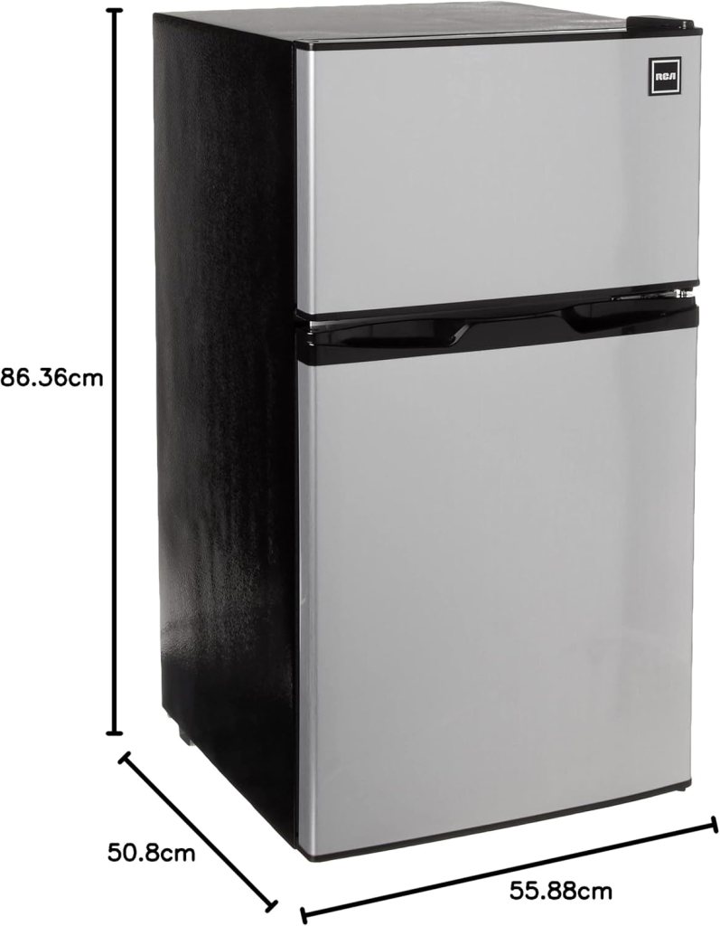RCA RFR836 3.2 Cu Ft 2 Door Fridge and Freezer, Stainless Steel RCA RFR836 3.2 Cu Ft 2 Door Fridge and Freezer, Stainless Steel