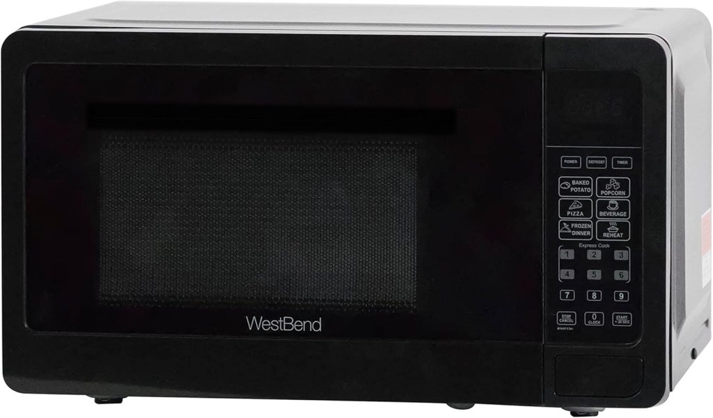 West Bend WBMW71B Microwave Oven 700-Watts Compact with 6 Pre Cooking Settings, Speed Defrost, Electronic Control Panel and Glass Turntable, 0.7-Cu.Ft, Black