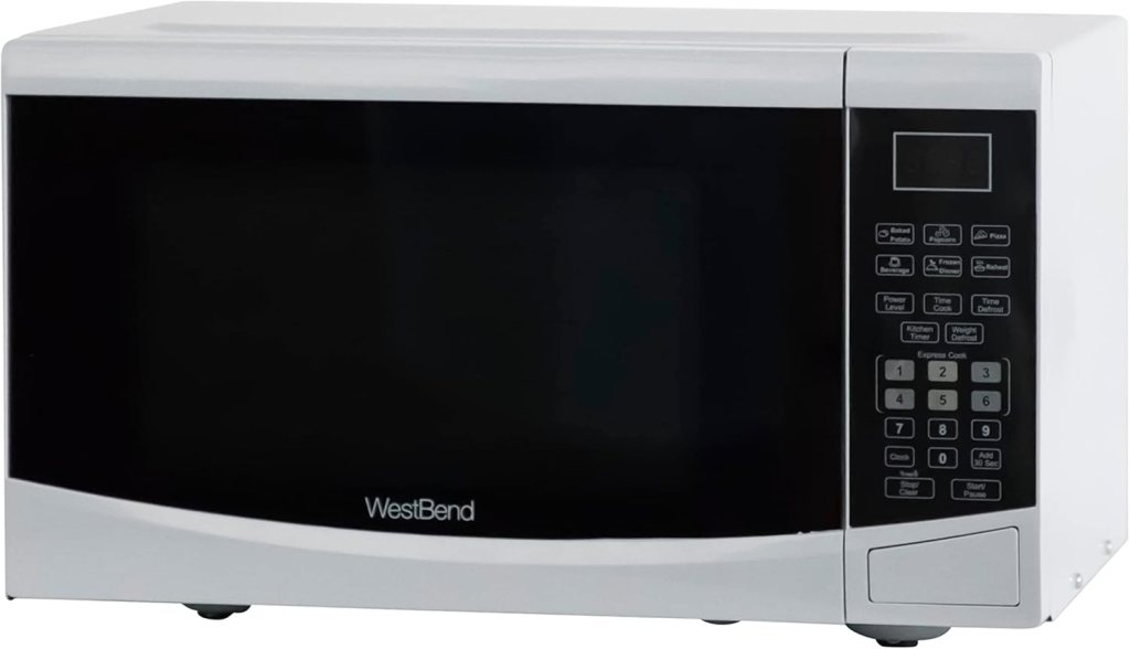 West Bend WBMW92W Microwave Oven 900-Watts Compact with 6 Pre Cooking Settings, Speed Defrost, Electronic Control Panel and Glass Turntable, 0.9-Cu.Ft, White