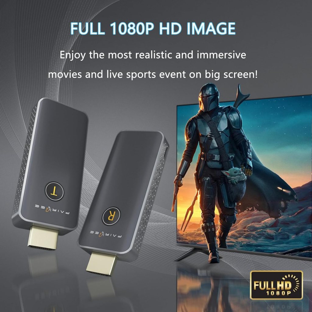 Wireless HDMI Transmitter and Receiver, 4K Decode 1080P Output, PlugPlay Portable HDMI Wireless Extender Kit, Wireless HDMI Support 5.8G/2.4G @60Hz/100ft, for Laptop/Camera/PC/TV/Projector/Monitor.