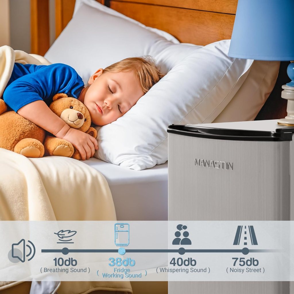 3.2 Cu. Ft Mini Fridge with Freezer for Bedroom, Dorm, Office, Energy Saving Compact Refrigerator with Adjustbale Thermostat, Removable Glass Shelves and Reversible Door (Stylish Sliver)