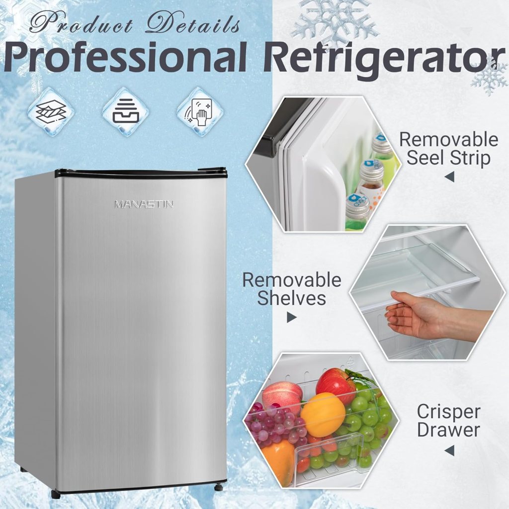 3.2 Cu. Ft Mini Fridge with Freezer for Bedroom, Dorm, Office, Energy Saving Compact Refrigerator with Adjustbale Thermostat, Removable Glass Shelves and Reversible Door (Stylish Sliver)