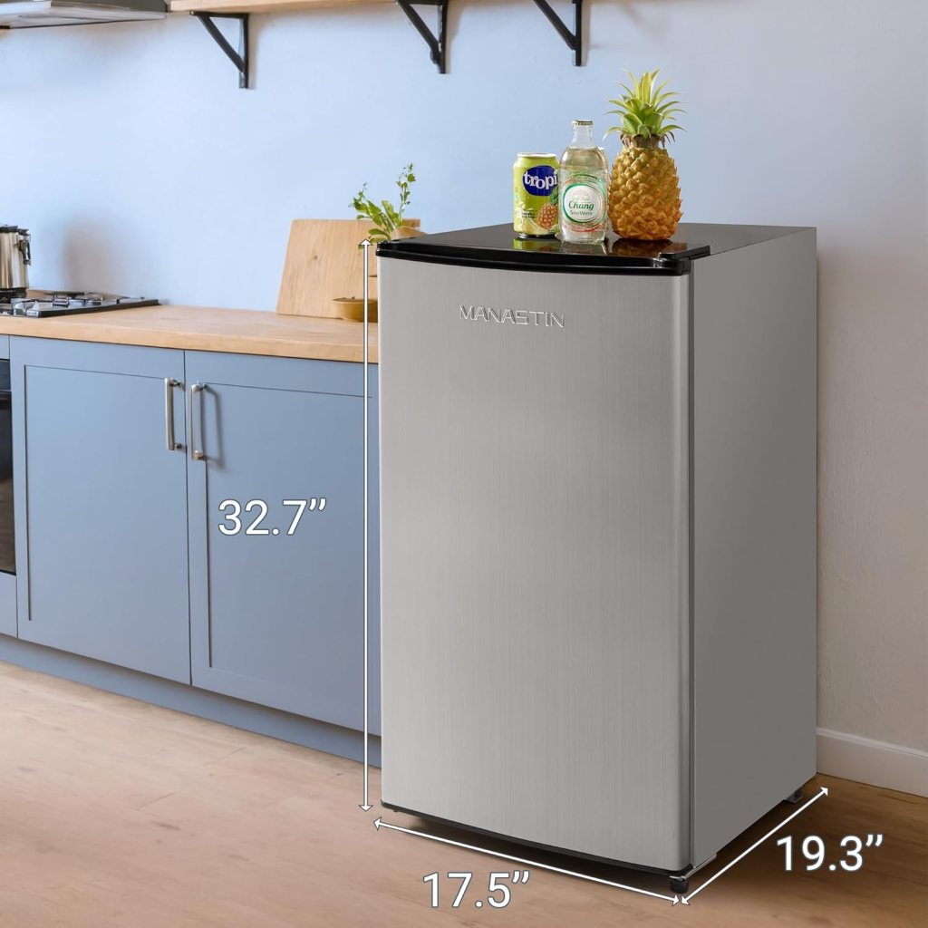 3.2 Cu. Ft Mini Fridge with Freezer for Bedroom, Dorm, Office, Energy Saving Compact Refrigerator with Adjustbale Thermostat, Removable Glass Shelves and Reversible Door (Stylish Sliver)