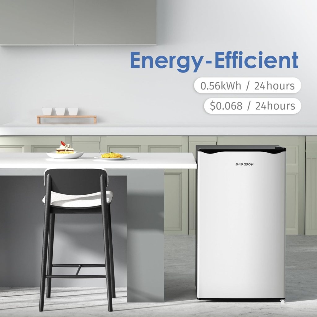 BANGSON Mini Fridge with Freezer, 3.2Cu.Ft, Single Door Small Refrigerator, Energy-Efficient, Low Noise, Mini fridge for Bedroom Dorm and Office, Silver BANGSON Mini Fridge with Freezer, 3.2Cu.Ft, Single Door Small Refrigerator, Energy-Efficient, Low Noise, Mini fridge for Bedroom Dorm and Office, Silver