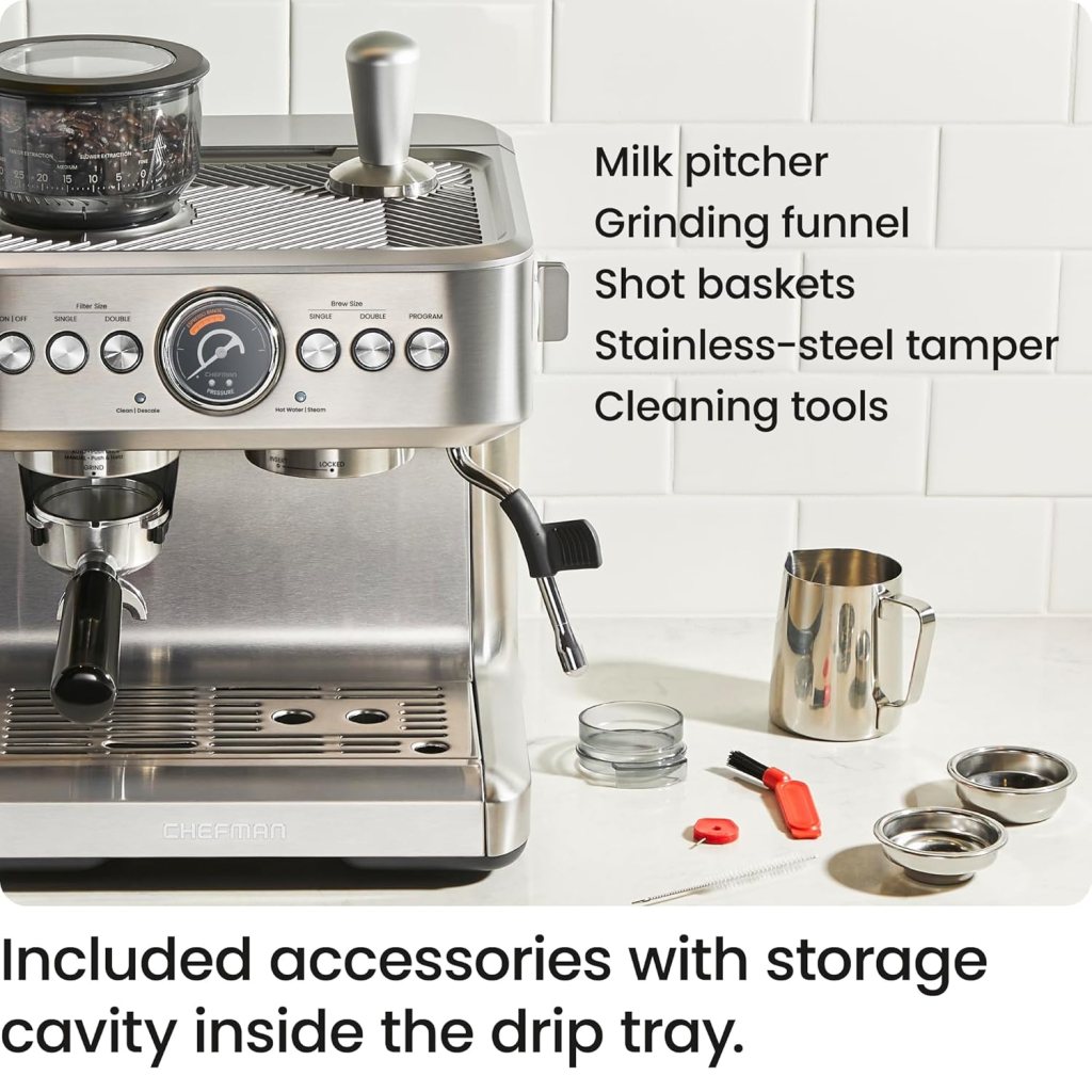 Chefman Crema Supreme 15 Bar Espresso Machine with Milk Frother, Barista Steam Wand, Professional Coffee Maker with Coffee Grinder, 30 Grind Settings, 3L Removable Water Tank - Stainless Steel Chefman Crema Supreme 15 Bar Espresso Machine with Milk Frother, Barista Steam Wand, Professional Coffee Maker with Coffee Grinder, 30 Grind Settings, 3L Removable Water Tank - Stainless Steel
