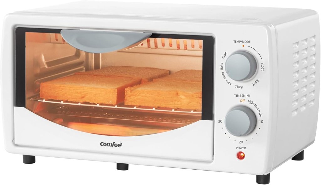 COMFEE Countertop Oven, Small Toaster Oven Combo 4 slice, Mini Oven for 9 Pizza, Compact Oven, Bake, Broil, 950W, White, CTO-E101A(WH)