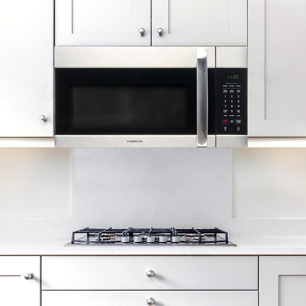 Farberware Over-the-Range Microwave Oven, 1.7 Cu. Ft. - 1000W - Auto Reheat, Multi-Stage Cooking, Melt/Soften Feature, Child Safety Lock, LED Display - Space Efficient  Powerful - Stainless Steel