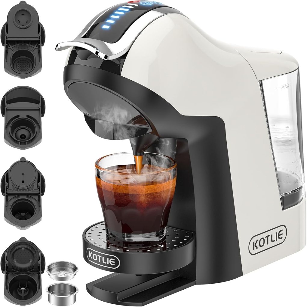 KOTLIE 5in1 19Bar Multicapsule Espresso Coffee Machine, ColdHot Brewing Single-Serve Coffee Maker, CappuccinoLatte Maker for Kcup/Dolce Gusto/Nespresso Original/GroundCoffee/44mm ESE EM-308A (White)