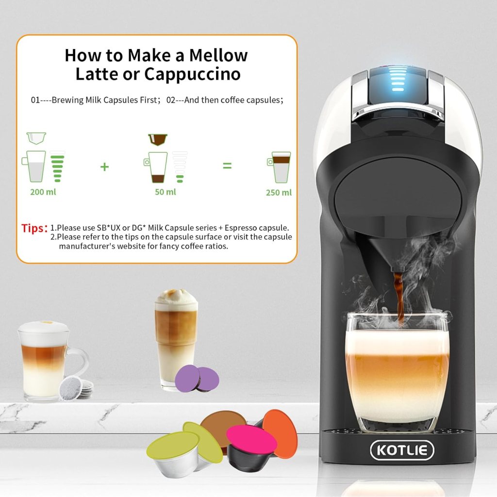 KOTLIE 5in1 19Bar Multicapsule Espresso Coffee Machine, ColdHot Brewing Single-Serve Coffee Maker, CappuccinoLatte Maker for Kcup/Dolce Gusto/Nespresso Original/GroundCoffee/44mm ESE EM-308A (White)