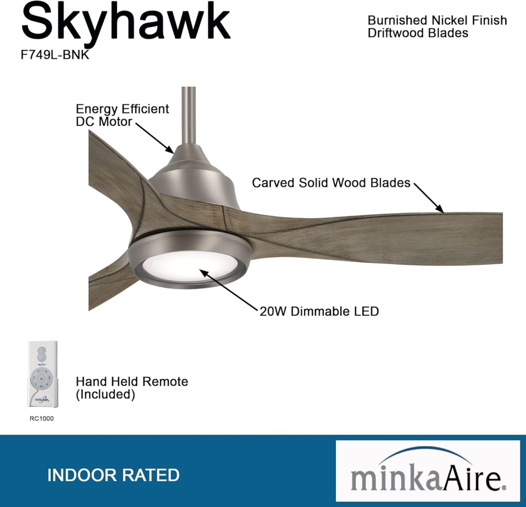 MINKA-AIRE F749L-BNK Skyhawk 60 Inch LED Ceiling Fan with Carved Wood Blades, Integrated LED Light and DC Motor in Burnished Nickel Finish