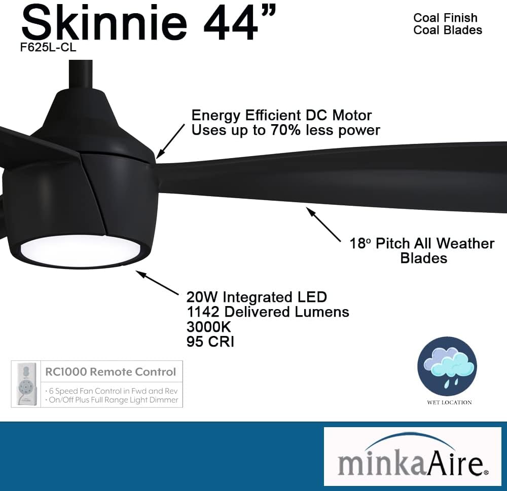 MINKA-AIRE Skinnie 44 Outdoor LED Ceiling Fan F625L-CL - Coal