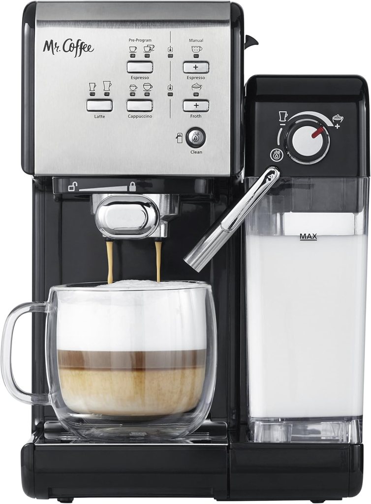 Mr. Coffee Programmable Espresso  Cappuccino Machine with Automatic Milk Frother  19-Bar Pump, Stainless Steel