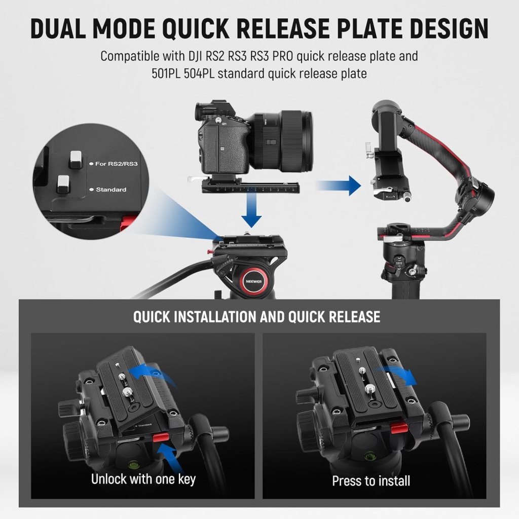 NEEWER 74 Video Tripod with Fluid Head, QR Plate , Aluminum Heavy Duty Camera Tripod Professional for DSLR Cameras Camcorders, Max Load 17.6lb/8kg, TP74