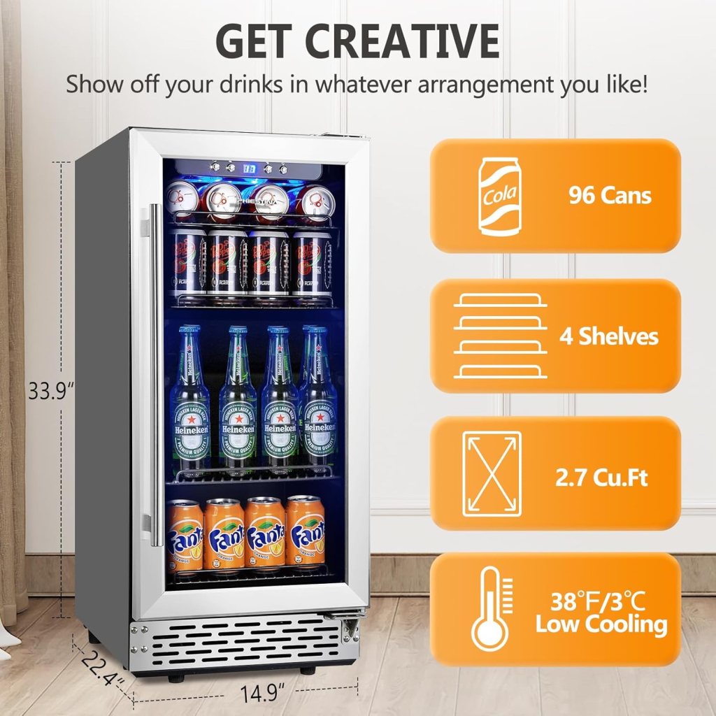 Phiestina 24 inch Indoor/Outdoor Beverage Refrigerator 175 Cans Built-in/Freestanding Beverage Fridge Cooler Lockable Stainless Steel Door Auto Defrost Quiet For Home/Commercial,6 Removable Shelves