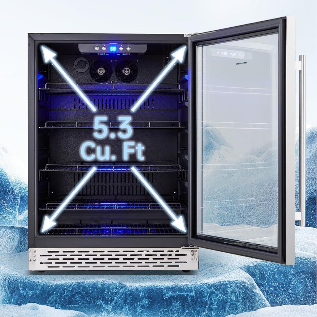 Phiestina 24 inch Indoor/Outdoor Beverage Refrigerator 175 Cans Built-in/Freestanding Beverage Fridge Cooler Lockable Stainless Steel Door Auto Defrost Quiet For Home/Commercial,6 Removable Shelves