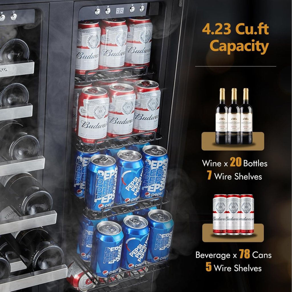 Phiestina 24 inch Indoor/Outdoor Beverage Refrigerator 175 Cans Built-in/Freestanding Beverage Fridge Cooler Lockable Stainless Steel Door Auto Defrost Quiet For Home/Commercial,6 Removable Shelves