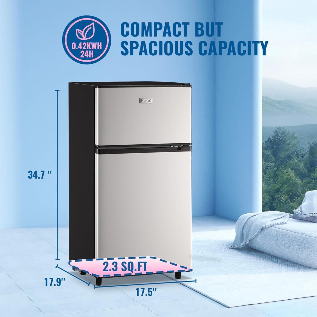 WANAI Double Door Small Refrigerator with Freezer-on-top, 3.5 Cubic Feet Mini Fridge with 7-Level Adjustable Thermostat for Office, Dorm, Bedroom, Home and Apartment, Silver