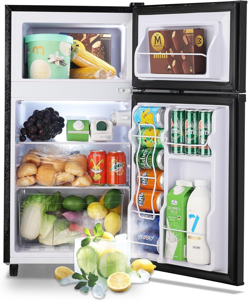 WANAI Double Door Small Refrigerator with Freezer-on-top, 3.5 Cubic Feet Mini Fridge with 7-Level Adjustable Thermostat for Office, Dorm, Bedroom, Home and Apartment, Silver