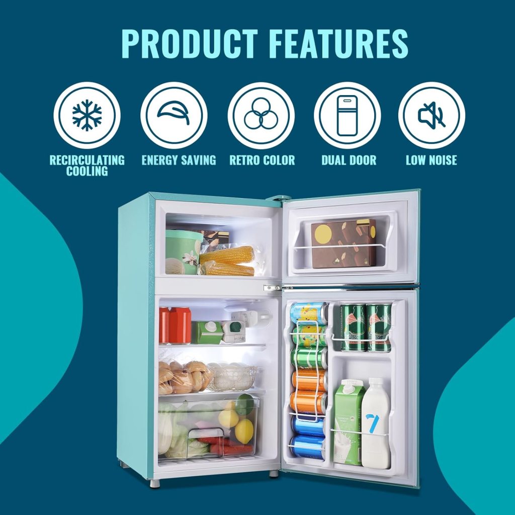 WANAI Small Refrigerator 3.5 Cu.Ft Retro Mini Fridge Freezer Two Doors Handles for Home Dorm College Office Freestanding Blue Refrigerator with LED Light and Galss Shelves