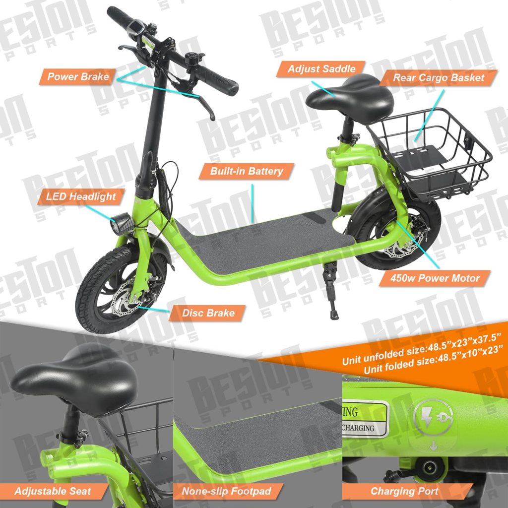 Electric Scooter for Adults - Foldable E-Scooter with Seat, 450W Brushless Motor, 265lbs Max Load (Metallic Green)