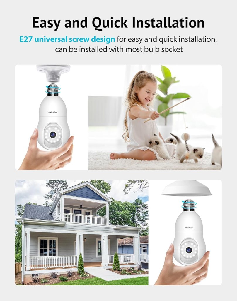 LaView 4MP Bulb Security Camera 2.4GHz,360° 2K Security Cameras Wireless Outdoor Indoor Full Color Day and Night, Motion Detection, Audible Alarm, Easy Installation, Compatible with Alexa