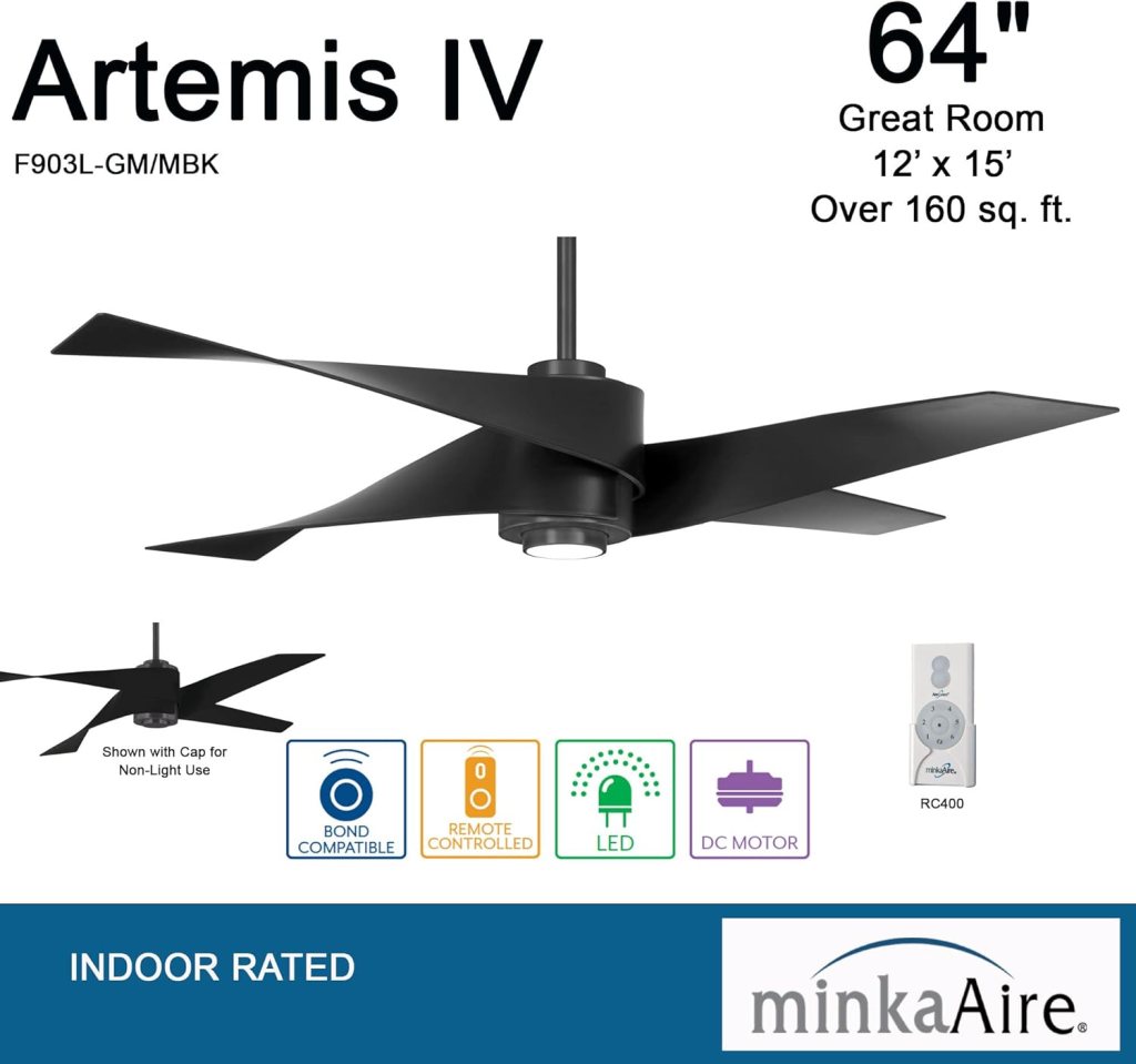 MINKA-AIRE F903L-SBR/MBK Artemis IV 64 Inch Ceiling Fan with LED Light and DC Motor in Soft Brass Finish and Matte Black Blades