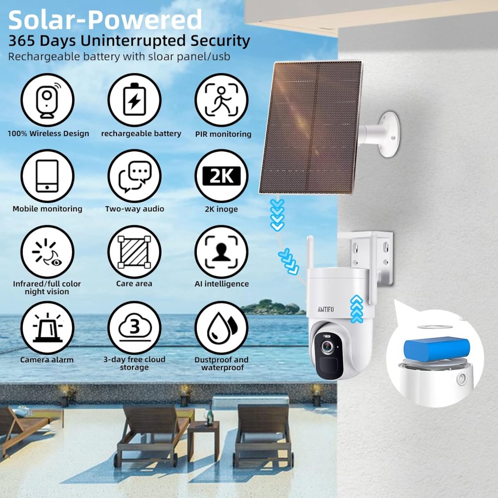 Security Camera Wireless Solar Panel Charging - 360 View 2K Home Outdoor Camera Audio Alarm with Motion Detection Outside Camera Color Night Vision Easy to Set up with Vicohome App W8
