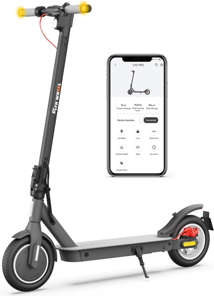 5TH WHEEL V30PRO Electric Scooter, 10 Solid Tires, 350W Motor  18 MPH, 19.9 Miles Range E-Scooter with E-Lock, Dual Brakes and Suspension, Foldable Adults Commuter Scooter with Turn Signals and APP