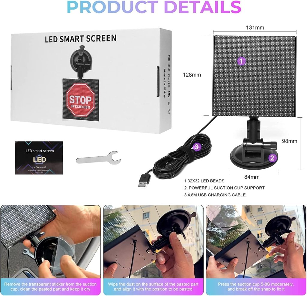 LUXONIC Pixel Display Screen,Smartphone App Control LED Car Sign Screen with 32x32 Pixel Custom Text Pattern Animation Programmable LED Screen for Home Decor,Art Creation,Bar,Shop,Hotel,Gift