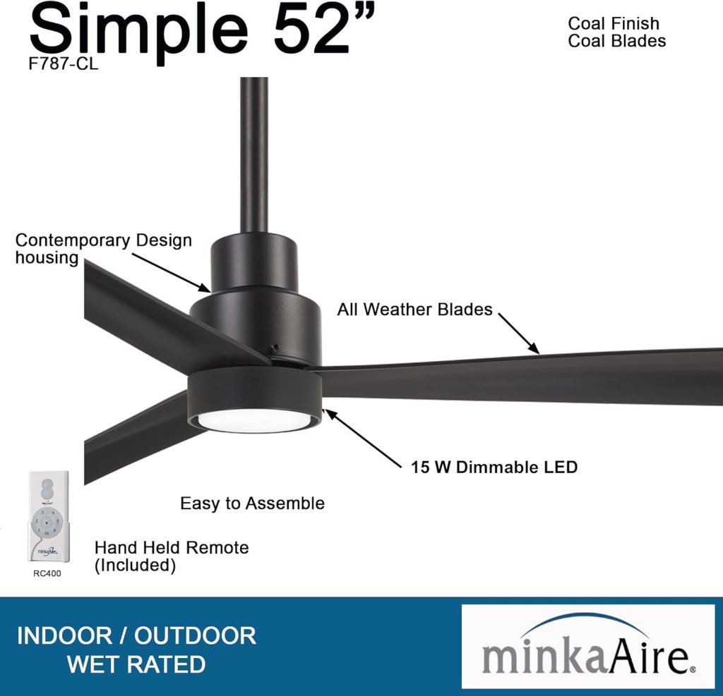 MINKA-AIRE F787-SBR/CL, Simple 52 Inch Protruding Mount Ceiling Fan in Soft Brass with Coal Blades, Remote Control Included